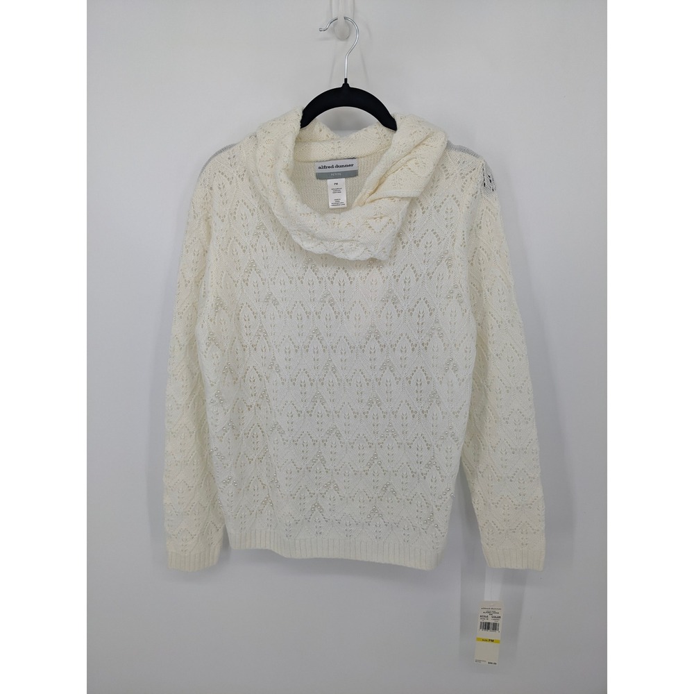 Coquette Sweater Women Petite Medium Ivory Pearl Cowl Neck Lace Knit Cottagecore